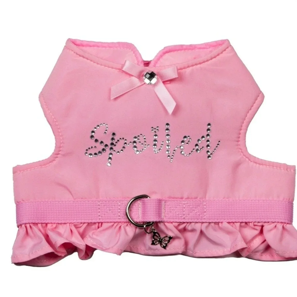 Doggy Parton Spoiled Pink Rhinestone Dog Harness Ruffle XS Bow Butterfly Charm